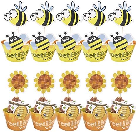 WallyE Honey Bee Cupcake Wrappers and Topper Sticks for Gender Reaveal, Baby Shower, Bumble Bee Themed Birthday Party, Set of 24