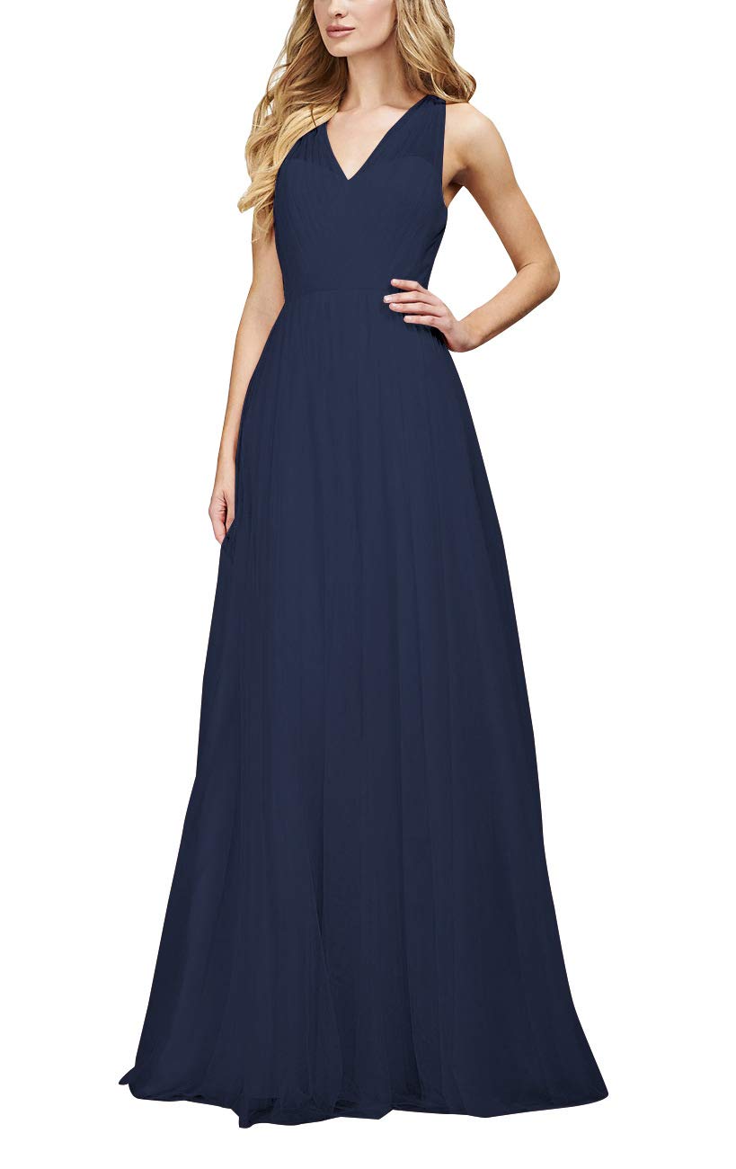 V Neck Bridesmaid Dresses Tulle Long Aline Backless Formal Evening