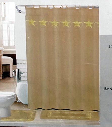 Texas Star 15 Piece Embroidery Banded Bath Set - Shower Curtain, 12 Fabric Rings, Bath Mat & Contour Mat (Taupe)