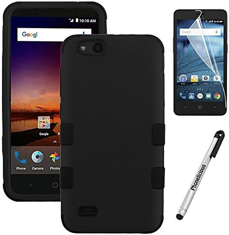 Phonelicious Tuff Case Series For ZTE AVID 557/ZTE TEMPO GO [Heavy Duty] [Shock Absorption] [Drop Protection] [Hybrid] Phone Cover + Screen Protector & Stylus (BLACK BLACK)