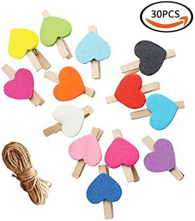 Premium Quality 30PCS Lovely Heart Shape Colorful Wooden Photo Clips, Heart Shape Mini Wooden Clothespins, Hemp String Rope Set (Random Color)(mini clothespins)
