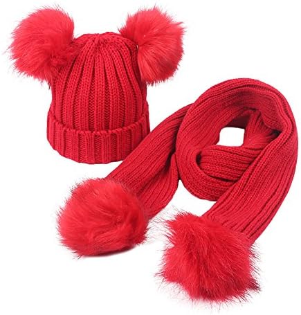 MAOTE Baby Girls Knitted Hat Scarf Set Boys Kids Warm Detachable Double Faux Fur Pom Crochet Skull Cap Beanie Hats