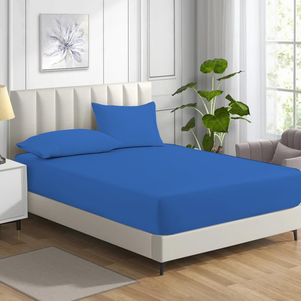 MistyMorning Fitted Sheet, Soft & Premium quality Bedding & Linen, 11''/28cm deep sheet, Egyptian Cotton with 200 Thread Count. (Blue, Double) — image 1