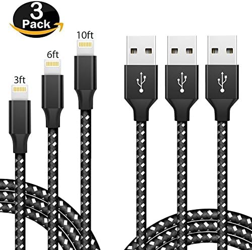 Snapcharge iPhone Charger, 3Pack 3FT 6FT 10FT Lightning to USB Charging : Data Sync Cable Nylon Braided Cord Charger for iPhoneX/8/8 Plus/7/7 Plus/6/6 Plus/iPad Airpod and more, Black Silver