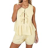 Xfileen Women Summer 2 Piece Sets Fashion Pleated Tie Front Tops and Shorts set Cozy Cotton Pajamas Set