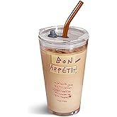 Olvini 15oz Glass Tumbler with Straw and Lid, Cute Iced Coffee Cups, Aesthetic Glass Cups, Coffee Tumbler, Water Cup, Matcha Cup, Drinking Glasses (Bon Appétit)