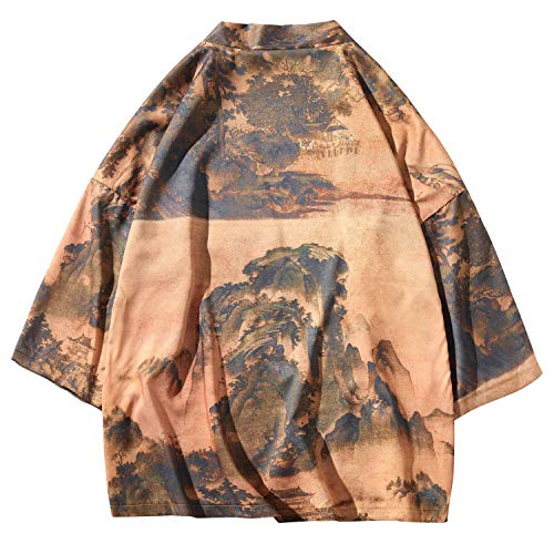 Hotmiss Men's Kimono Cardigan Jacket Japanese Style Flying Crane Seven Sleeves Open Front Coat (Yellow, X-Large)