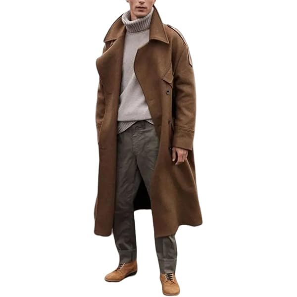 Men's Oversized Notched Long Faux Wool Blend Trench Coat Single