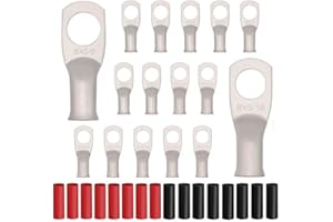 JOYPXF 8Pcs 8 AWG 3/8" Stud and 8Pcs 8 AWG 5/16" Stud Heavy Duty Tinned Copper Wire Lugs with 16Pcs Heat Shrink Tubing, Copper Ring Terminals, Battery Cable Ends, Bare Copper Eyelets