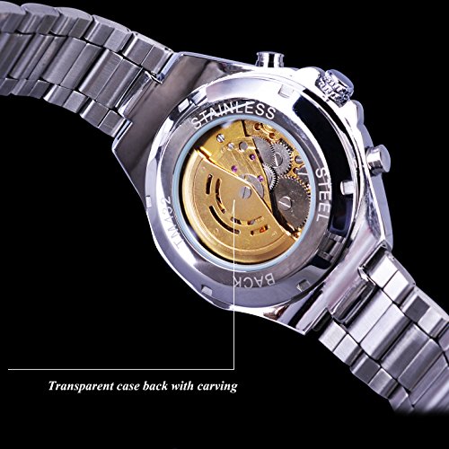 Winner Golden Movement Skeleton Stainless Steel Men Automatic Sport Wrist Watch - Thumbnail 5