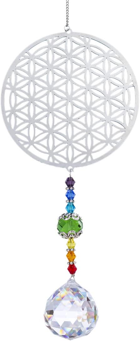 H&D Kristall Regenbogen Sonnenfänger Metall Blume des Lebens Anhänger Glas Chakra Kugelprisma
