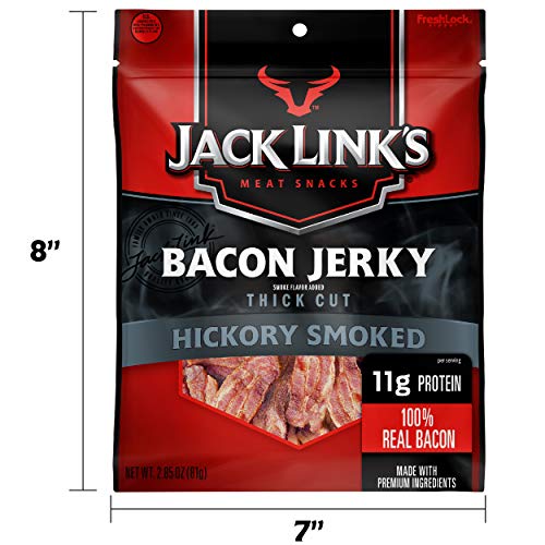Jack Link's Bacon Jerky, Hickory Smoked, 2.85 oz. Bag - Flavorful Ready to Eat Meat Snack with 11g of Protein, Made with 100% Thick Cut, Real Bacon - Trans Fat Free