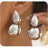 Chunky Gold Half Round Ball Statement Earrings for Women, Dainty Silver Oval Double Bead Drop Dangle Earrings Vintage Hip Hop Ear Jewelry Gifts