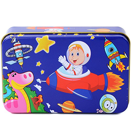 Elloapic 60 piece Jigsaw Puzzle Wooden Hard Paper Cartoon DIY 3D Puzzle Toys Brain Teaser Educational Brain Train Toy Creative Handmade Play Set For Children, All in a metal box, Spacecraft, spaceship