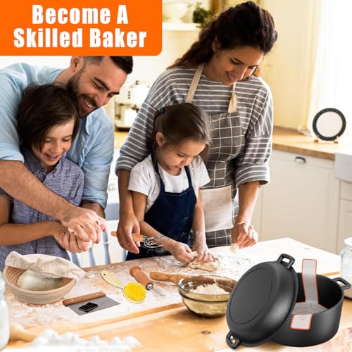 5QT Cast Iron Dutch Oven Sourdough Starter Kit with Proofing Basket & Lame | Includes Lid for Bread Baking. Ideal for Family Cooking, Frying, Braising & BBQ. Complete Baking Set.