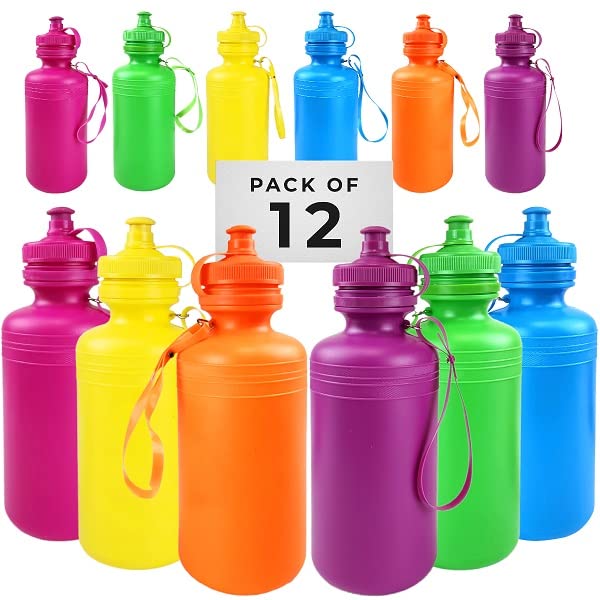 Photo 1 of 12 Kids Water Bottles Bulk Pack, Summer Beach Accessory | Holds 18 Ounces, 6 Different Neon Colors With Wrist Strap (12 Pack)