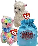 Ty Beanie Babies Llamas Lily (White) & Lola (Multi-Color) Gift Set Bundle with Bonus Matty's Toy Stop Storage Bag - 2 Pack