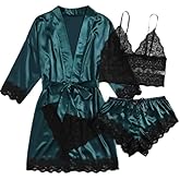 Kunpengzhi Womens Silk Pajamas Robes Set 4PACKS Sexy Pjs Cami Shorts Satin Sleepwear Lace Loungewear