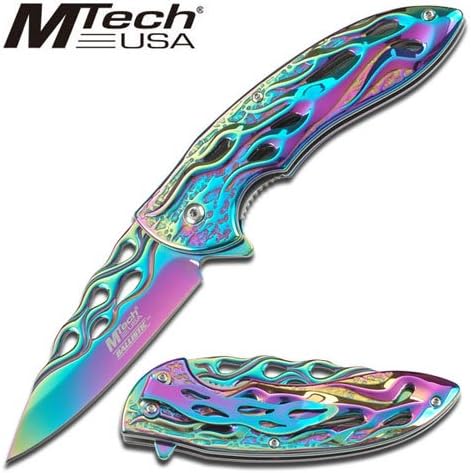 MT-A822RB RAINBOW r0mwa78vzq ylv81n208xj FINISH SPRING ASSISTED OPENING KNIFE WITH FLAMING HANDLE folding knife dagger sword steel edge