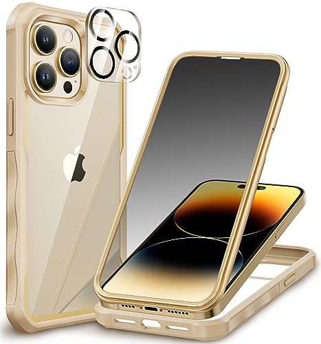 CENHUFO Compatible with iPhone 14 Pro Case Built-in Privacy Screen Protector with Camera Lens Protector, Full Body Shockproof Case for iPhone 14 Pro Case with Anti Spy Screen Protector -Gold/Beige