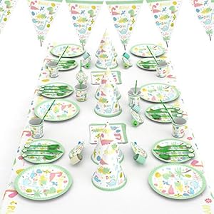 mreechan Set de Fiesta de Dinosaurio, Vajilla desechable,cumpleaños Supplies Set Contiene manteles, Cubiertos, silbatos, manteles, pajitas para cumpleaños, Navidad, acción de Gracias, etc.