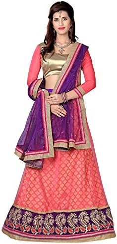 Khushali Presents Embroidered Net Lehenga Choli(Peach,Beige)