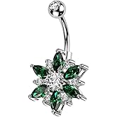 Pierced Owl 14GA 316L Stainless Steel CZ Crystal Flower with Marquise Petals Belly Button Ring