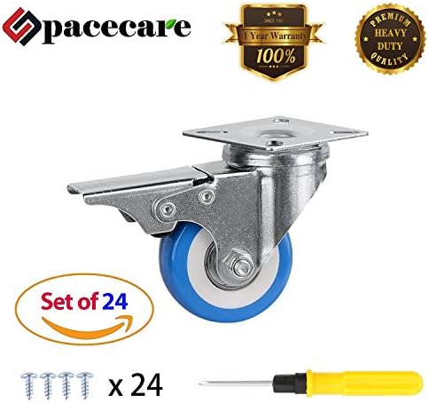 SPACECARE 24 Pack of 2" Swivel Caster Blue Polyurethane Wheels Base with Brake Top Plate & Double Ball (24)