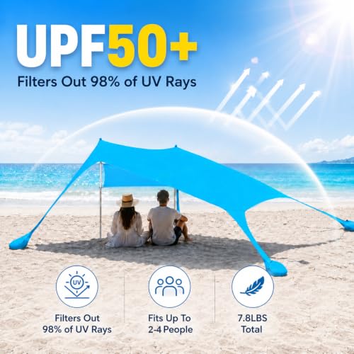 Anti UV UPF50+ Beach Tent 7ft x 7ft Sunshade Portable Canopy with 2 Pcs Aluminum Poles 4 Sand Bag Anchors Outdoor Shelter for Beach, Camping or Picnic, Blue