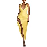 CurvySweet Sexy Deep V Neck Halter Bodycon Maxi Dress Ruffle High Split 2025 Fall Homecoming Wedding Guest Dresses for Women