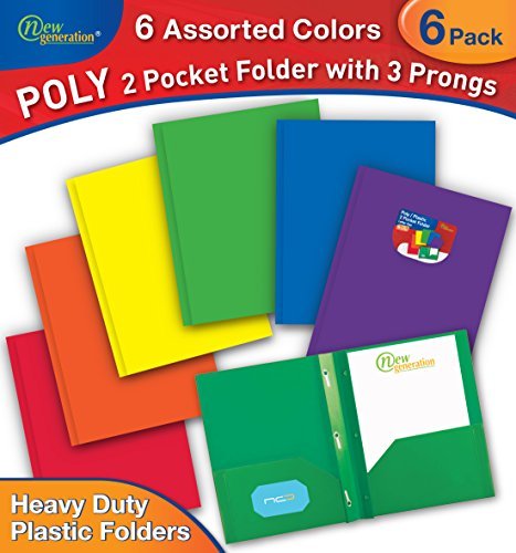 NEW GENERATION - Heavy Duty 3 Prongs Plastic 2 Pocket Folder, 6 Pack Assorted Colors Poly Folders for Letter Size Papers, Includes Built-in Business Card Slot, for School, Home, Work and Storage