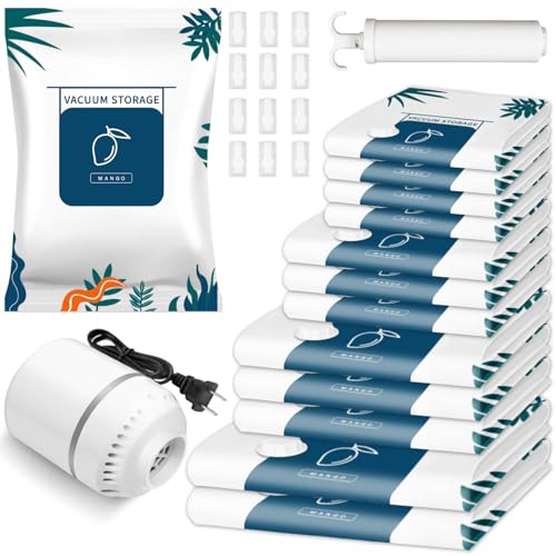GALASALA Bolsas de Almacenamiento de Vacío 12 Pcs, Bolsas al Vacio Ropa para Viaje Reutilizables, Bolsas de Compresión con Bomba Vacio Eléctrica y mano, Ahorro Espacio para Guardar Cobijas Edredones