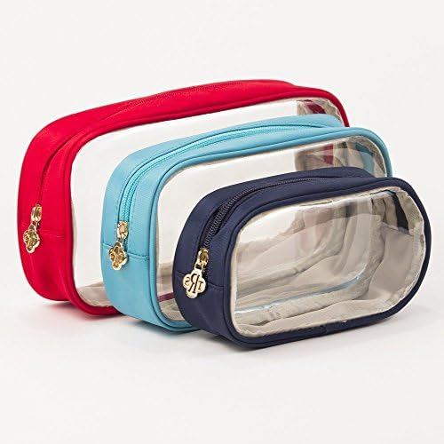 Clear 3 Piece Cherry Red Ocean Blue Navy Trio Cosmetic Case Bag Set