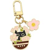 DONWOIE Cat Keychain with Black Cat in Brown Flower Pot, Pink Flower Cluster, and Smiling Face for Women,Cute and Charming Accessory for Bag Charms