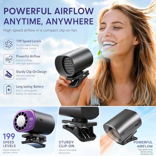 Car Clip on Air Conditioner Fan, Car Fans That Blow Cold Air, Rechargeable Mini Clip Fan with LED Display, 199-Speed Touch Control & 360° Rotation, Cars Cooling Fan for Home Office Stroller Camping