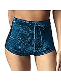 TOB Women's Casual Soft High Waist Drawstring Velvet Shorts Clubwear ,Peacblue,Small