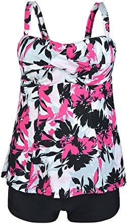 Yzan Women's Plus Size Floral Tank Top Tankini Underwired Push Up Two Pieces Swimsuit With Boyshort,White,Large