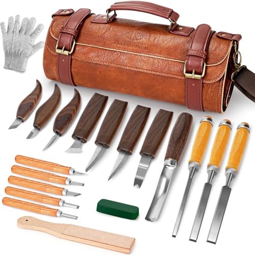 Wood Carving Kit, 20Pcs Wood Carving Tools with Leather Storage Bag, Whittling