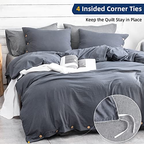 Argstar 3 Pieces Button Duvet Cover Queen Size, Navy Blue Duvet Cover