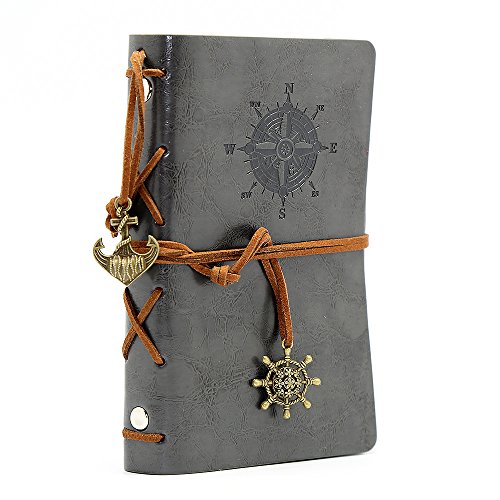 Leather Writing Journal Notebook, EvZ 5 Inches Vintage Nautical Spiral Blank String Diary Notepad Sketchbook Travel to Write in, Unlined Paper, Retro Pendants, Classic Embossed, Grey - Thumbnail 6