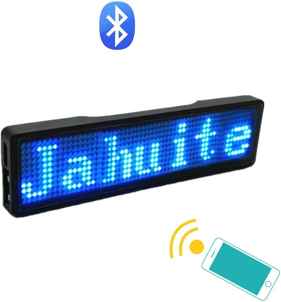 JAHUITE LED Name Tag 1-Pack Rechargable Cellphone Programmable with Magnet/Pin Mount Business Sign Advertising Board Display Wireless Bluetooth Name Badge (Blue)