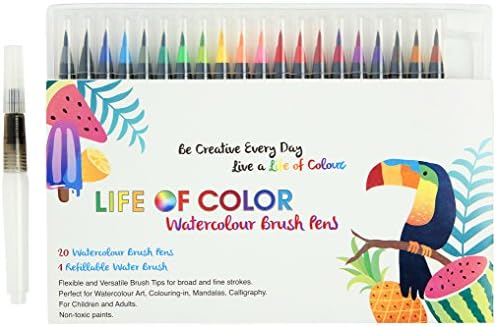 Watercolor Brush Pens – Bullet Journal Supplies, 20 Premium Watercolor Markers - Painting, Drawing, Lettering and Coloring. Color Pens with Flexible Tip for Adults and Kids – Compact and Portable Art