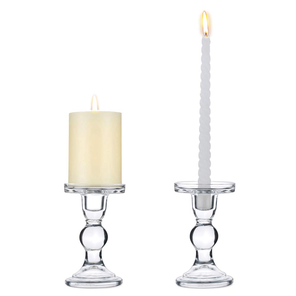 NUPTIO Set of 2 Clear Glass Pillar Candle Holders, Wedding Centerpieces Candlestick Holders for 80mm Candles & Taper Candles Ideal Decoration for Weddings Events Parties, Christmas Candle Holder