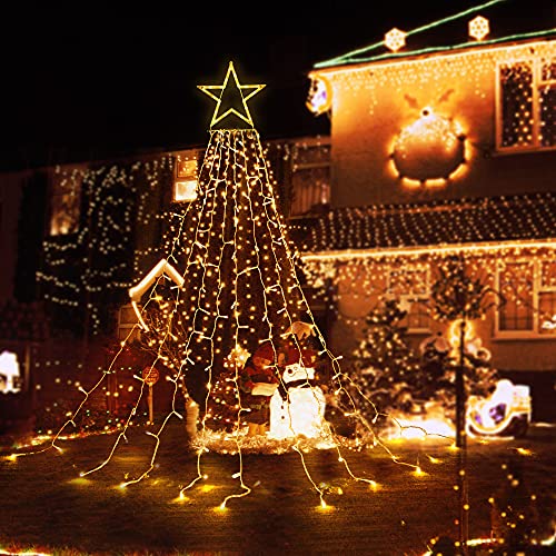 344er LEDs Lichterkette Weihnachtsbaum, 3.6M Weihnachtsbaum-Überwurf-Lichterkette mit 9 Girlanden und Sterne, Weihnachtsbaum Lichter Wasserdicht weihnachtsbeleuchtung für tannenbaum,grüngürtel,busche