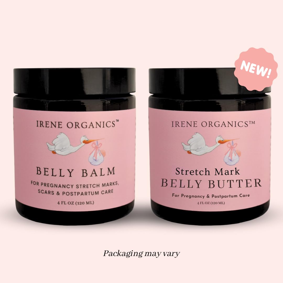 Organic Belly Butter for Pregnancy Stretch Mark Prevention and Treatment by Irene Organics - Award Winning Anti Stretch Mark Tummy Balm For Pregnancy and Postpartum 4oz - Hydrating Bump Cream
