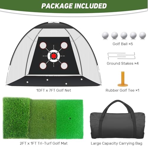Golf Net with Practice Mat – 10x7FT Golf Hitting Net & Simulator for Home, Indoor/Outdoor Chipping and Driving Practice Set with Target, Balls – Great Gift for Men, Dad, Golfers