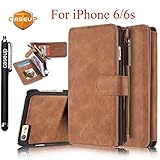iPhone 6S Case, iPhone 6 Case, CaseUp 12 Card Slot Series - [Zipper Cash Storage] Premium Flip PU Leather Wallet Case Cover With Detachable Magnetic Hard Case For iPhone 6S/6 (4.7 Inch), Brown