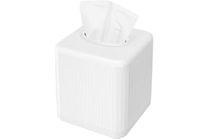 Livelab Tissue Box Cover with Base, Square Plastic Tissue Box Holder Decorative Tissue Cover Modern Cube Facial Tissue Dispenser for Bathroom Vanity Countertop, Living Room, Bedroom, Office - White