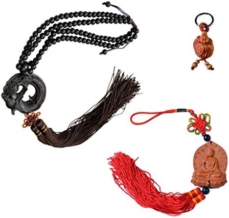 A Trio of Dragon Kuan Yin Wooden Hanging Ornaments and a Buddha Keychain