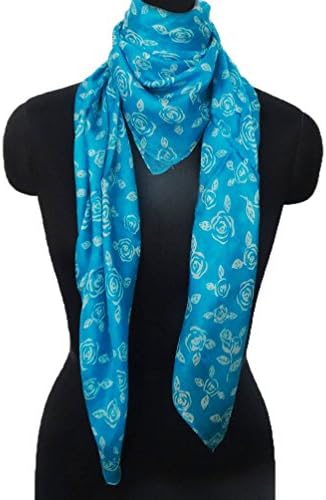 Indian Scarf Pure Silk Fabric Floral Pattern Square Wrap Stole Women Sarong Blue Scarves Birthday Gift Item 38” x 38”
